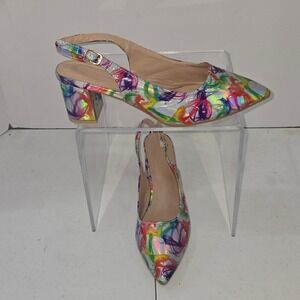 Multicolor Abstract Print Slingback Pumps Pointed Toe Block Heel Shoes Size 42